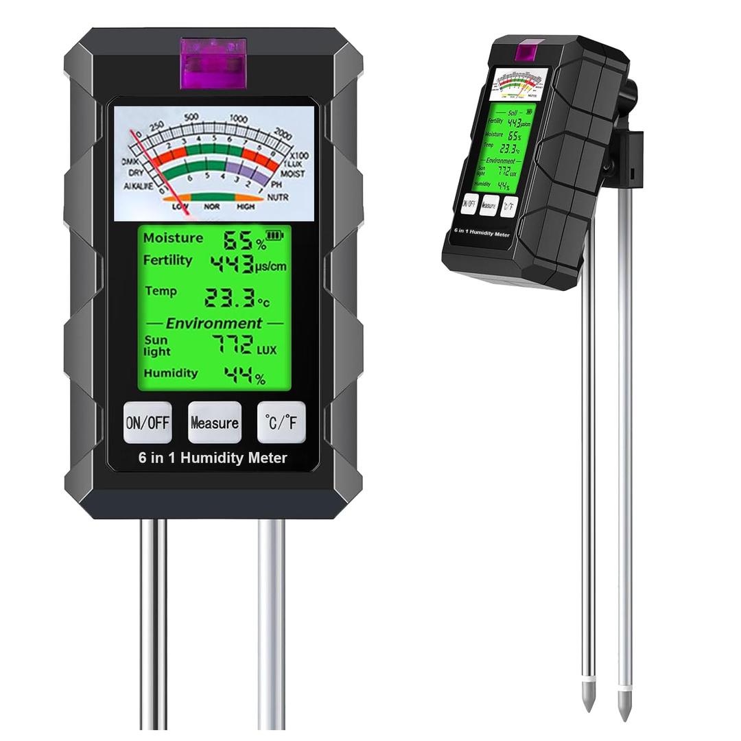 6-in-1 Soil Moisture Meter, Hygrometer for Plants with Soil Moisture, PH Meter, Temperature, Sunlight, Fertility, Environmental for Farming, Gardening (2*AAA Battery Needed) (Black)