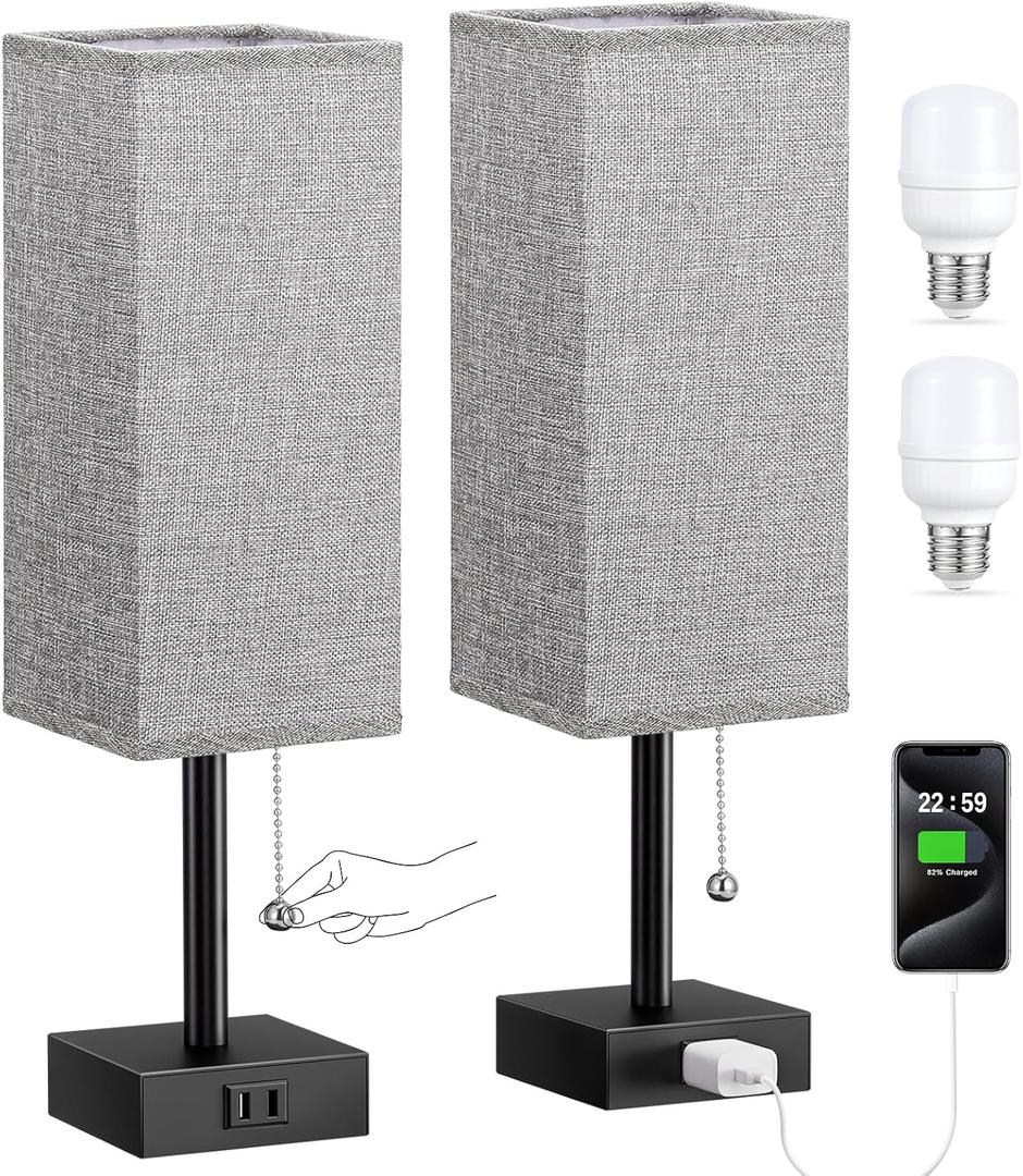 Grey Bedside Lamps for Bedroom Set of 2 - Small Nightstand Lamp with AC Outlet Charging Port, 3 Color Temperatures Rectangular Desk Light with Bulb, Tabletop Reading Lamp for Living Room/Dorm/Office