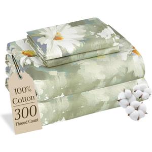 MCO 100% Cotton Sheet Set Floral Printed, 300 Thread Count Cotton Queen Sheet Set, 16" Deep Pocket, Breathable Cooling Sheets 4 Pieces (Queen, Daisy Light Green)