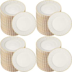 Mifoci 7.5 Inch Ivory with Gold Rim Plastic Disposable Plates Bulk Salad Dessert Appetizer Cake Plates Elegant Fancy Plastic Tableware for Party Holiday, Wedding, Catering Table Decoration(200 Pcs)