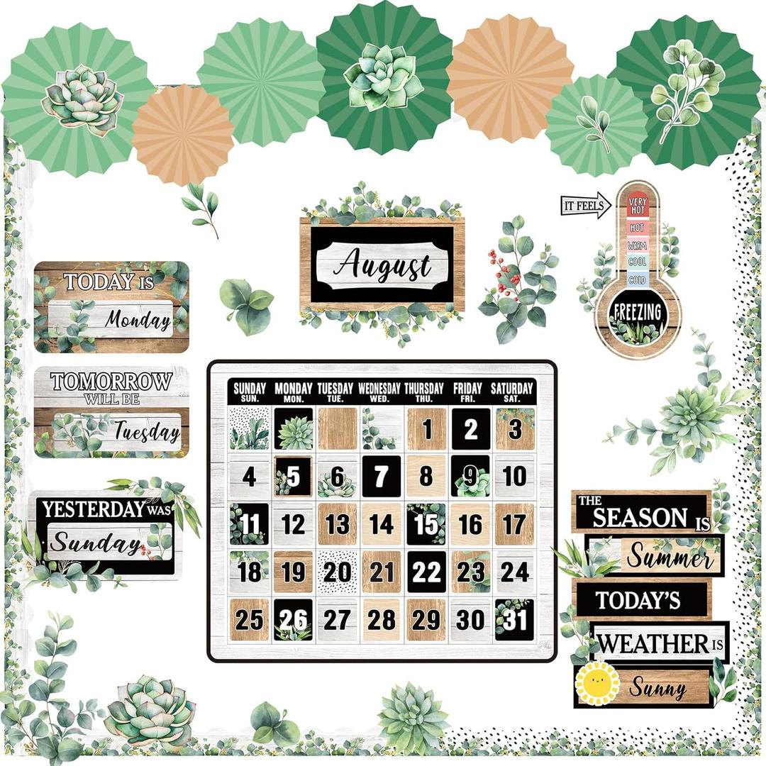 Janlaugh Greenery Classroom Calendar Bulletin Board Set with 3D Paper Fans Plant Eucalyptus Calendar Seasons Weather Chart Classroom Decor for Back to School Blackboard Home Wall Decoration