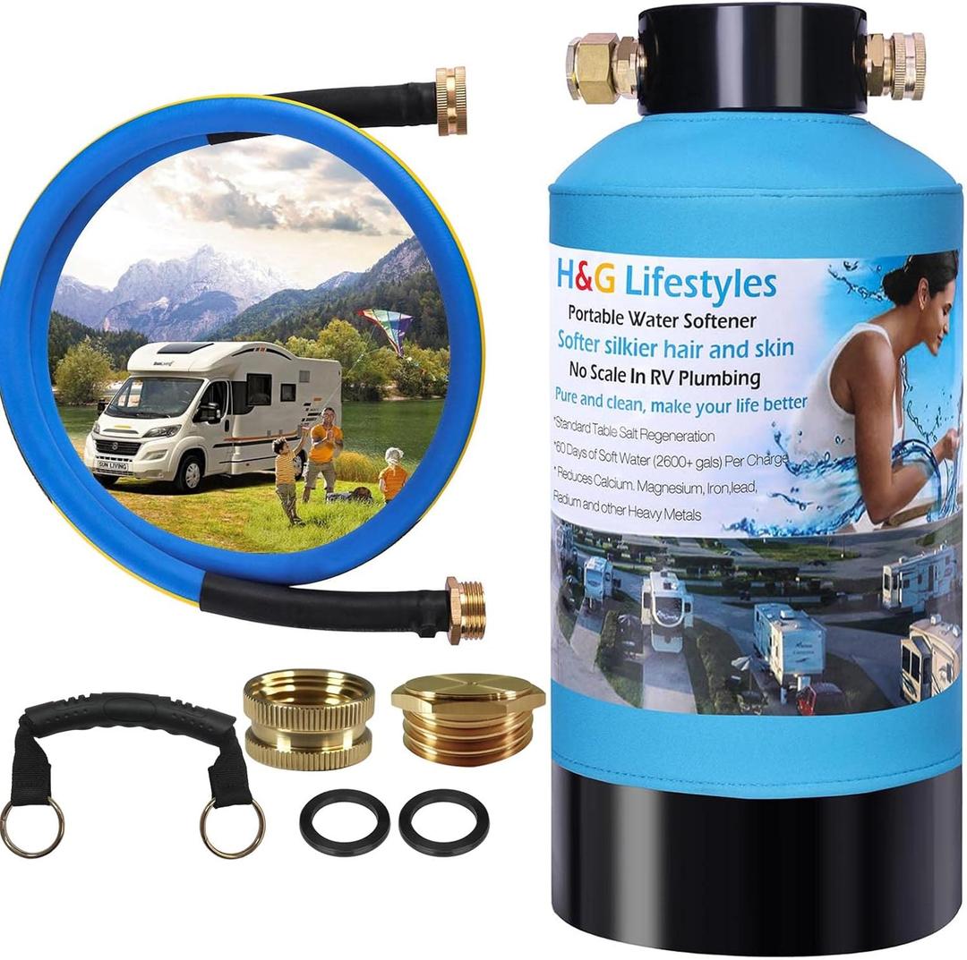 H&G lifestyles Portable Water Softener for RV with Water Hose,5A Food-Grade 3/4" Brass Fittings 2600 Gallons Softens Hard Water Filtration System for Trailers Boats Mobile Car Washing