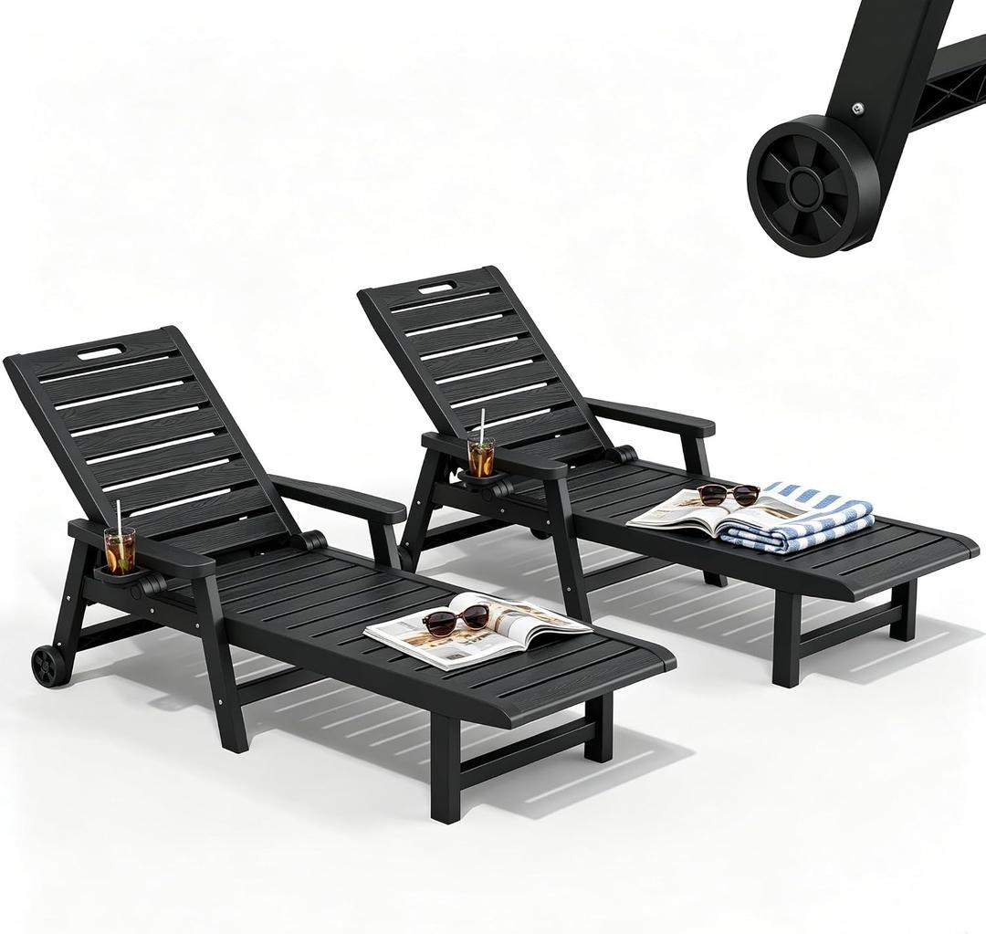 HDPE Outdoor Lounge Chair Set of 2 with Wheels & Cup Holder, Black