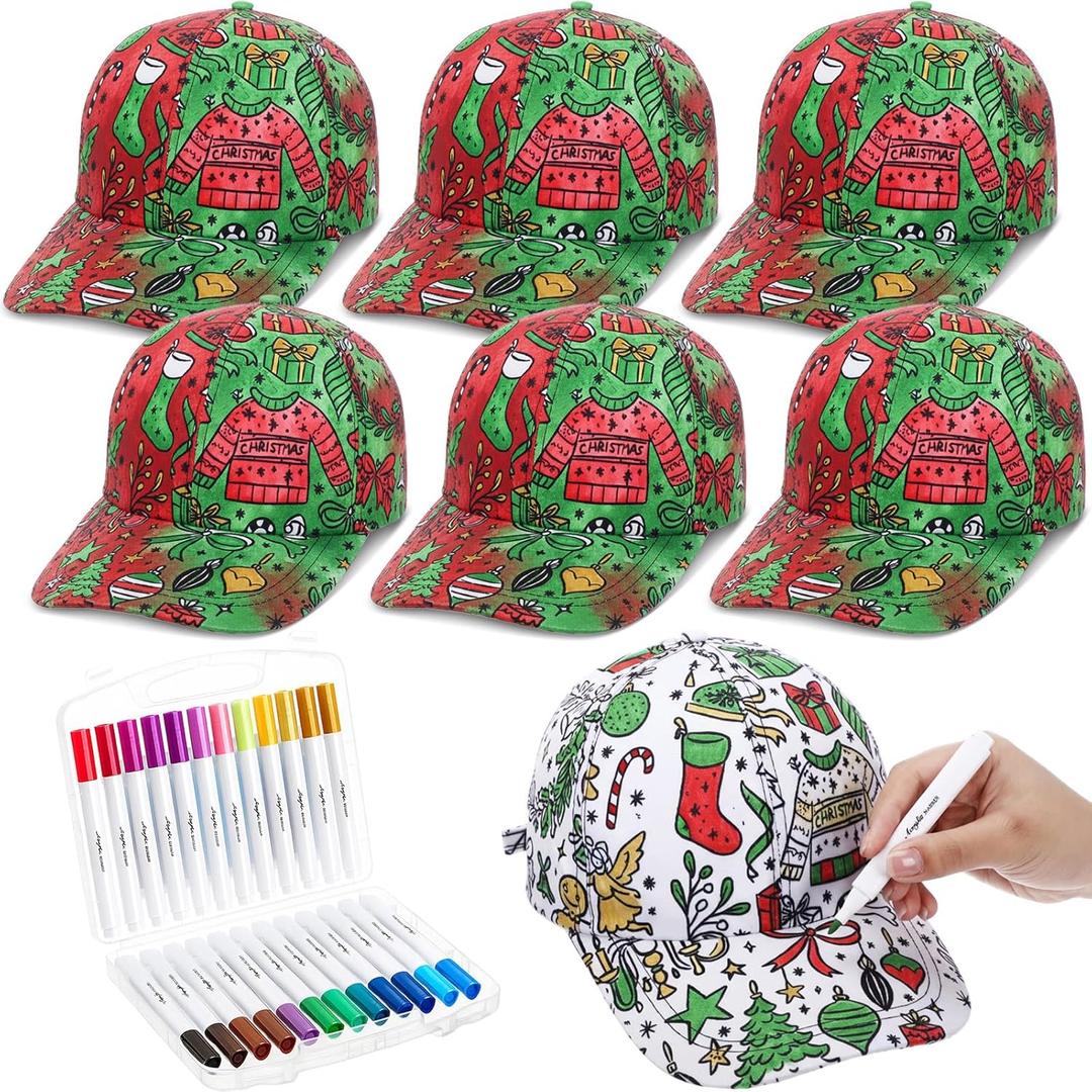 Chicingyou 6 Pcs Christmas Paint Caps Paint Your Own Christmas Hat Include 6 DIY Doodle Baseball Canvas Cap 24 Acrylic Markers Arts Crafts Kit for Xmas Morning Gift for Family Holiday Party Supplies