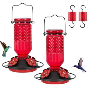 FEED GARDEN Glass Hummingbird Feeder 2 Pack, 16oz Leak-Proof with Ant Moat & Bee Guards, Easy Clean Wide Mouth, Metal Perches, Red Outdoor Hanging