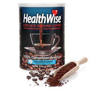 Healthwise Low Acid Decaffeinated Ground Coffee, Chemical-Free Swiss Water Process, 99.9% Caffeine Free, 100% Colombian - Medium Roast, Healthier Coffee for Sensitive Stomachs 12 Ounce (Pack of 1), BB Aug 2025