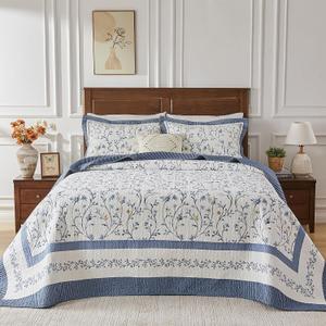 Oversized King Bedspread 120"x120" - 100% Cotton Lightweight All-Season Quilted Coverlet with Vine Floral Design - Elegant Farmhouse & Modern Bedding - California King Quilt Blue/White
