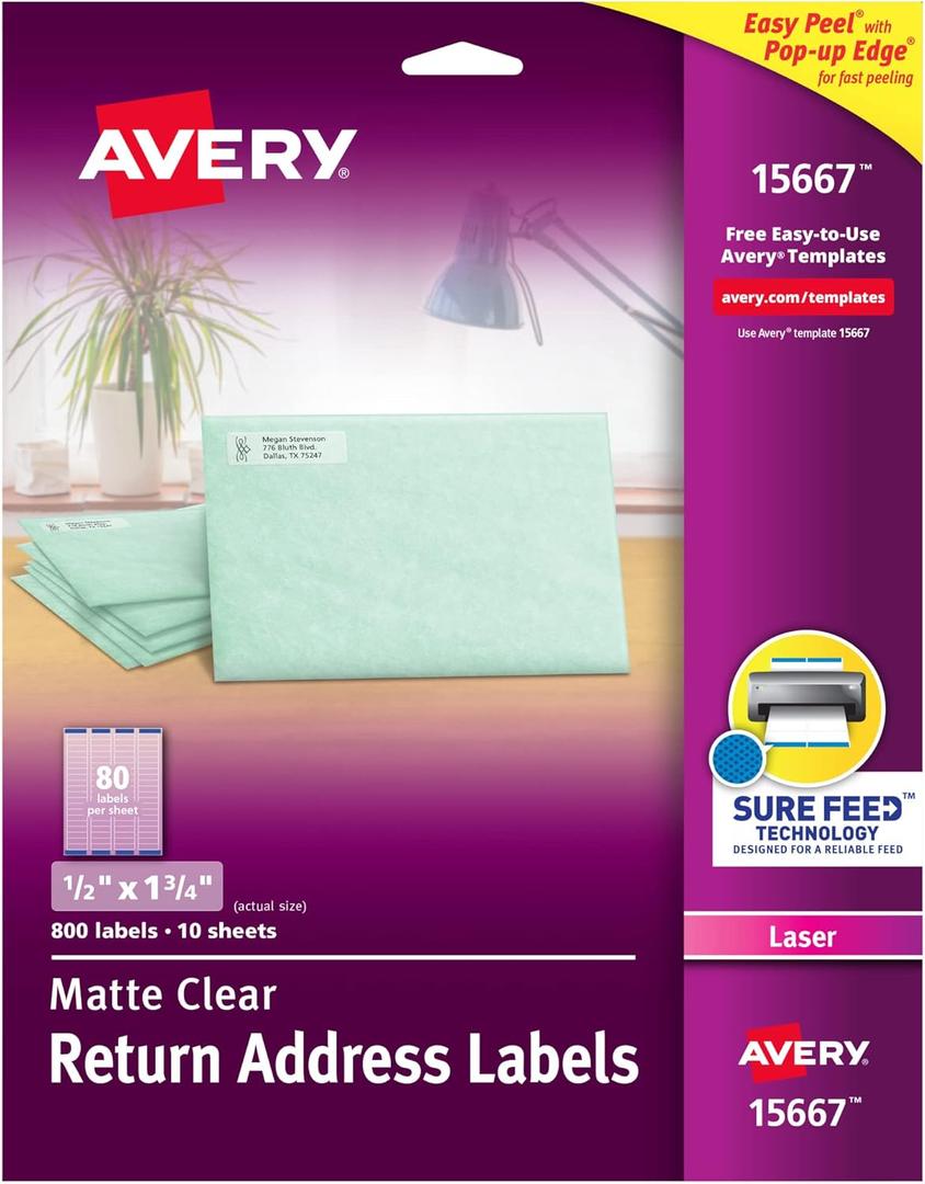 Avery Printable Return Address Labels with Sure Feed, 0.5" x 1.75", Matte Clear, 800 Blank Mailing Labels (15667)