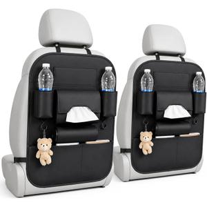 2 Pack PU Leather Premium Car SeatBack Organizer Travel Accessories Kick mats Back seat Protector and Cup Holder Holder Universal Use Seat Covers (25×19 in)