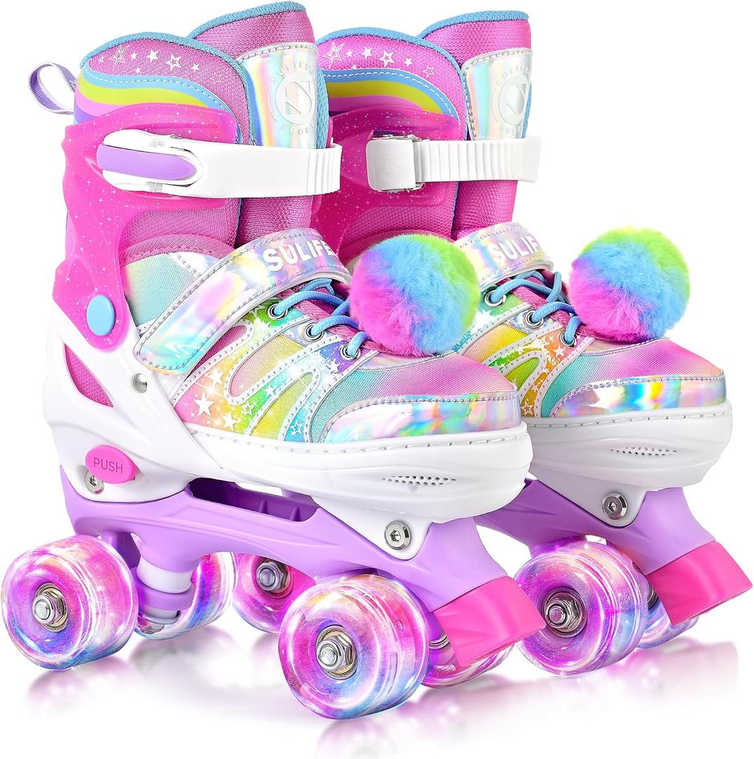 SULIFEEL Rainbow Tie-Dye Adjustable Roller Skates for Girls Kids Pink Purple Light Up Skate with Fluffy Pom Poms Triple Protection for Indoor Outdoor Skating (Small - Little Kid)