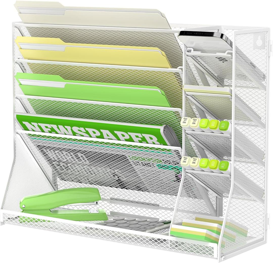 5-Tier Wall File Organizer with 4 Pen Holders and R-Shaped Tray,White