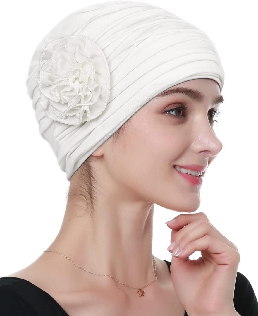 Alnorm Flower Design Chemo Hair Loss Caps Cancer Headwear for Women (One Size, Off-white)