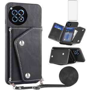 Asuwish Phone Case for OnePlus 12R 5G/Ace 3 2024 Wallet Cover with Tempered Glass Screen Protector Credit Card Holder Crossbody Strap Stand Leather Cell Accessories One+ 12 R R12 Ace3 Women Men Black
