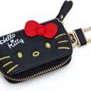 Cartoon Cute Car Remote Key Case,PU Leather Car Key Holder Ring Box,Metal Hook Zipper Embroidered Bag,Wristlet Keychain Key Case,for Women and Men. (Black)