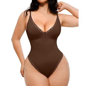 SHAPELLX Lace Bodysuits for women Tummy Control Corset Tops Slimming Body Shaper Thong Body Suits V Neck Low Back Tops.Size L