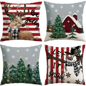 OTOSTAR Set of 4 Grey Christmas Throw Pillow Covers 18x18 Inch Winter Xmas Decorative Pillow Case Cover for Sofa Living Room Holiday Decor (Red- Snowman and Elk)