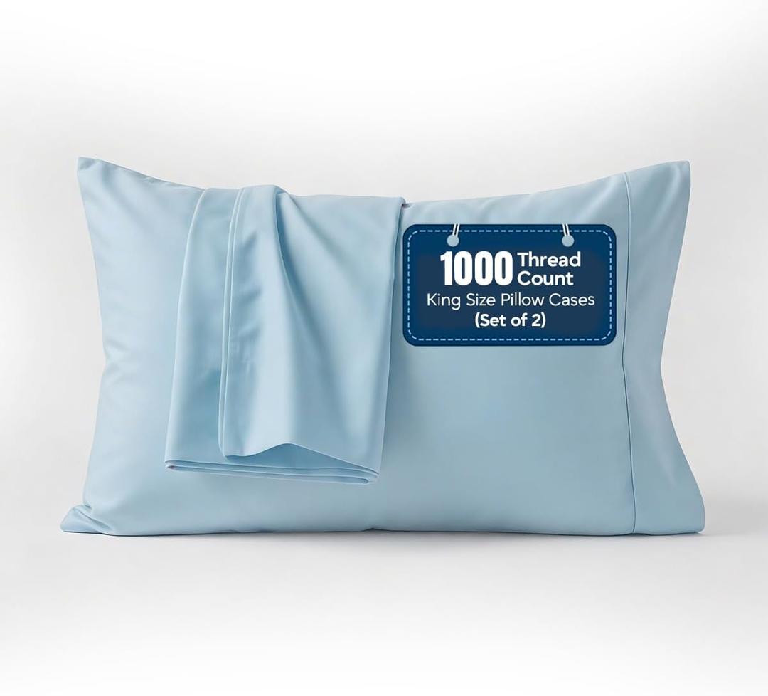 1000 TC Pillowcases Set of 2 100% Egyptian Cotton Pillow Cases with Long Staple Cotton & Sateen Weave, Silky Soft Hotel Like Bed Pillow Covers, Snug Fit (Light Blue, 2 Pc King)
