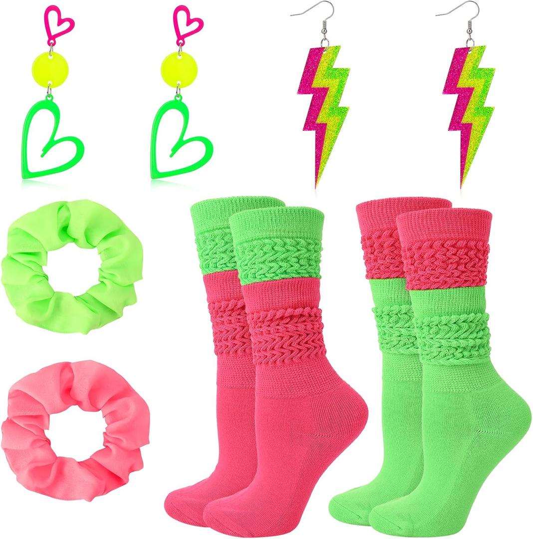 80s Neon Accessories for Women Neon Slouch Socks Heart Earrings Scrunchies for 80s 90s Party Halloween (Rose Red, Green)