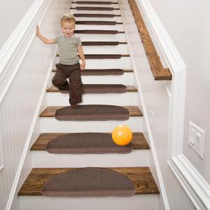 Qingbei Rina Stair Treads,8.7x26 13 PCS Stair Treads Non Slip Indoor,Stair Runner for Wooden Steps,Bullnose Stair Carpet for Dogs Kids(Brown)