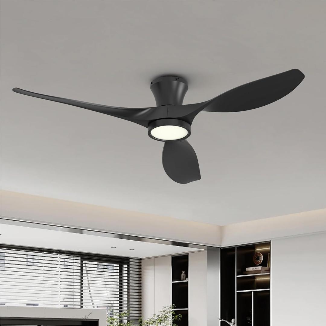 TALOYA 52 Inch Ceiling Fan with Led Light Remote Control Flush Mount Low Profile for Bedroom Farmhouse Patio Outdoor Living Room Kitchen Dining Room,DC Motor,Reversible,Black, 52 Inch-Standard