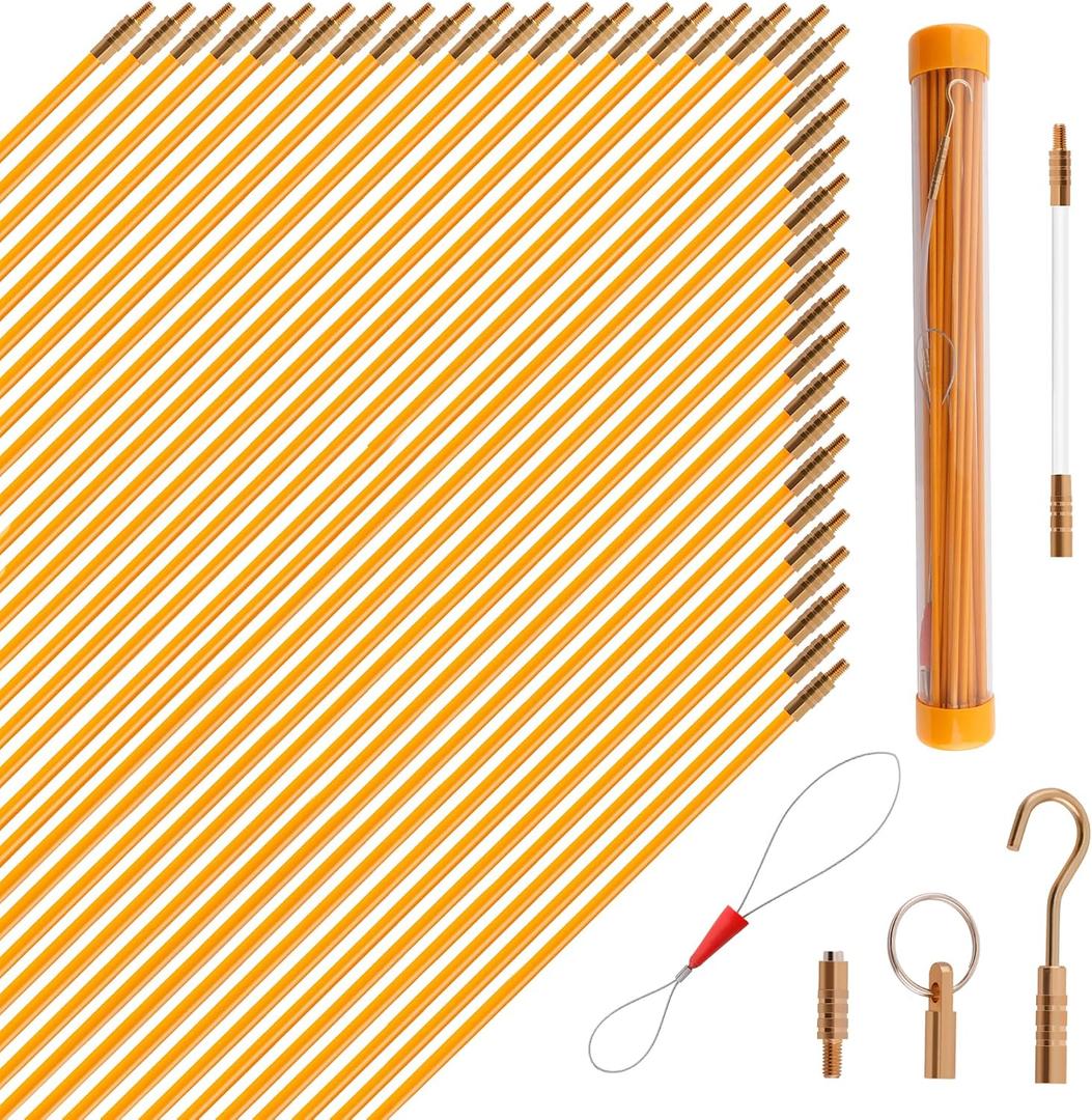 KOOTANS 50FT Fiberglass Running Electrical Wire Cable Glow Rods Wire Pulling Tools Fish Tape Wire Puller Through Wall Snake for Wires Cable Fishing Rod Kit with Different Attachments