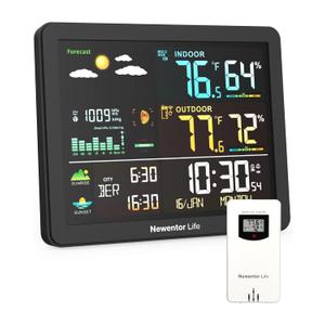 Weather Station Wireless Indoor Outdoor Thermometer, Atomic Clock with Tide Sunrise Sunset Time, Barometer Phase Black