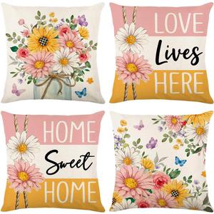 wyooxoo Farmhouse Pillow Covers 18x18 Set of 4 Spring Throw Pillow Covers Floral Decorative Cushion Cases for Sofa Couch Living Room Outdoor Home Decor