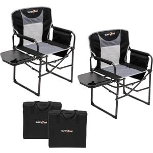 SUNNYFEEL Oversized Camping Chair Portable Directors Chairs with Side Table, Black-2pcs