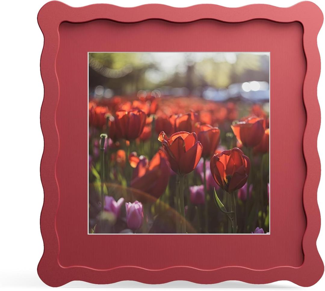 8x8 Picture Frame with Mat for 6x6, Wavy Edge Wooden Real Glass Photo Frame for Tabletop and Wall Hanging, Red, 1 Pack