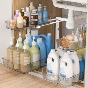ETOYA 2 Pack Under Sink Organizer Kitchen, 2-Tier Pull Out Cabinet Organizer, L-Shaped Adjustable Height, Acrylic Under Sink Storage Shelf for Kitchen, Bathroom Vanity & Utility Closet (white)
