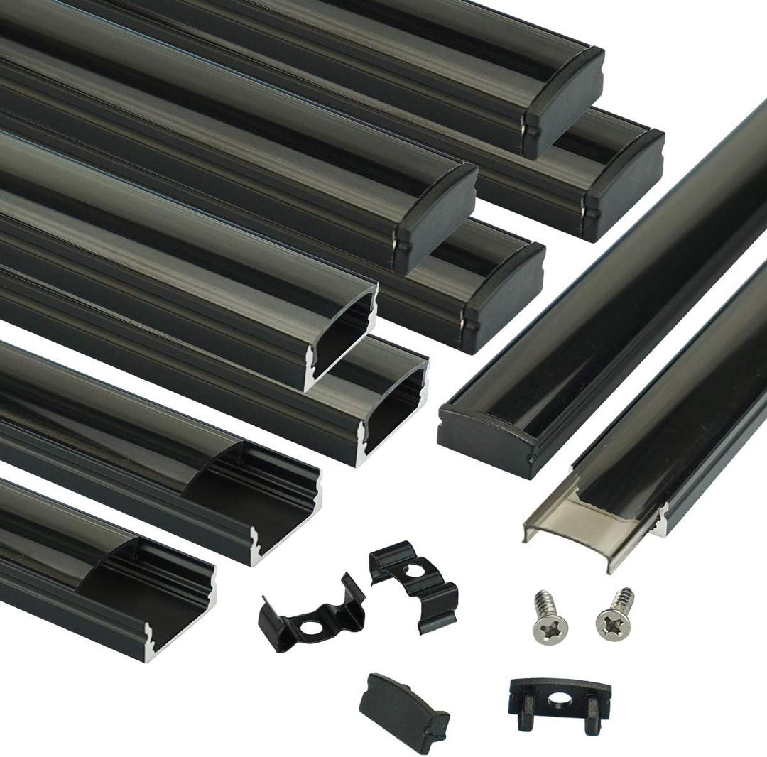 Muzata 10Pack 3.3FT/1M LED Channel Black Aluminum U Shape LED Strip Channel with Transparent Smoky Black Cover Easy Installation U1SW BB 1M