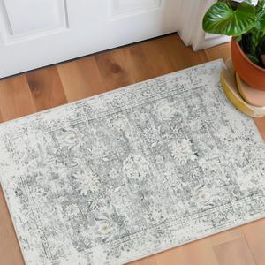 Lahome Vintage Floral Entryway Rug, 2x3 Kitchen Rugs Non-Slip Washable Indoor Door Mat Entrance,Ultra-Thin Soft Front Door Mat for Bathroom Small Throw Carpet for Bedroom(2x3ft,Grey)
