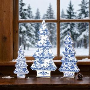 3 Pcs Chinoiserie Christmas Trees Decor Blue and White Christmas Tabletop Decorations Wood Chinoiserie Porcelain Xmas Trees Centerpiece for Table Fireplace Shelf Home Decor