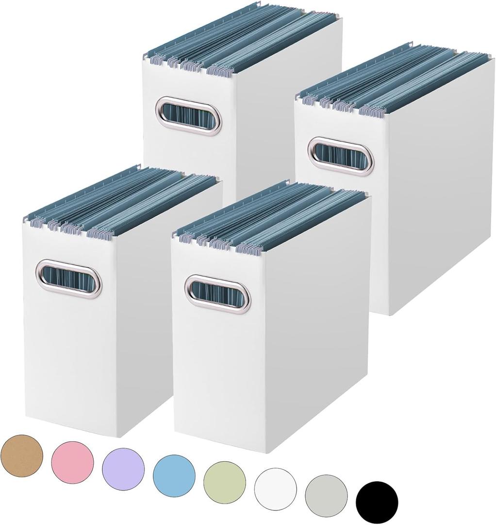Oterri File Organizer, 4 Packs Small Storage Box, Cardboard File Folder Organizer, Collapsible File Box for Hanging File Folders Letter Size, Portable Filing Organizer with Handle White