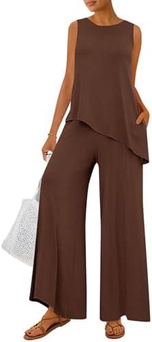 PRETTYGARDEN Women's 2026 Two Piece Matching Lounge Sets Asymmetrical Split Tank Tops Wide Leg Pants Summer Outfits Tracksuit Size M