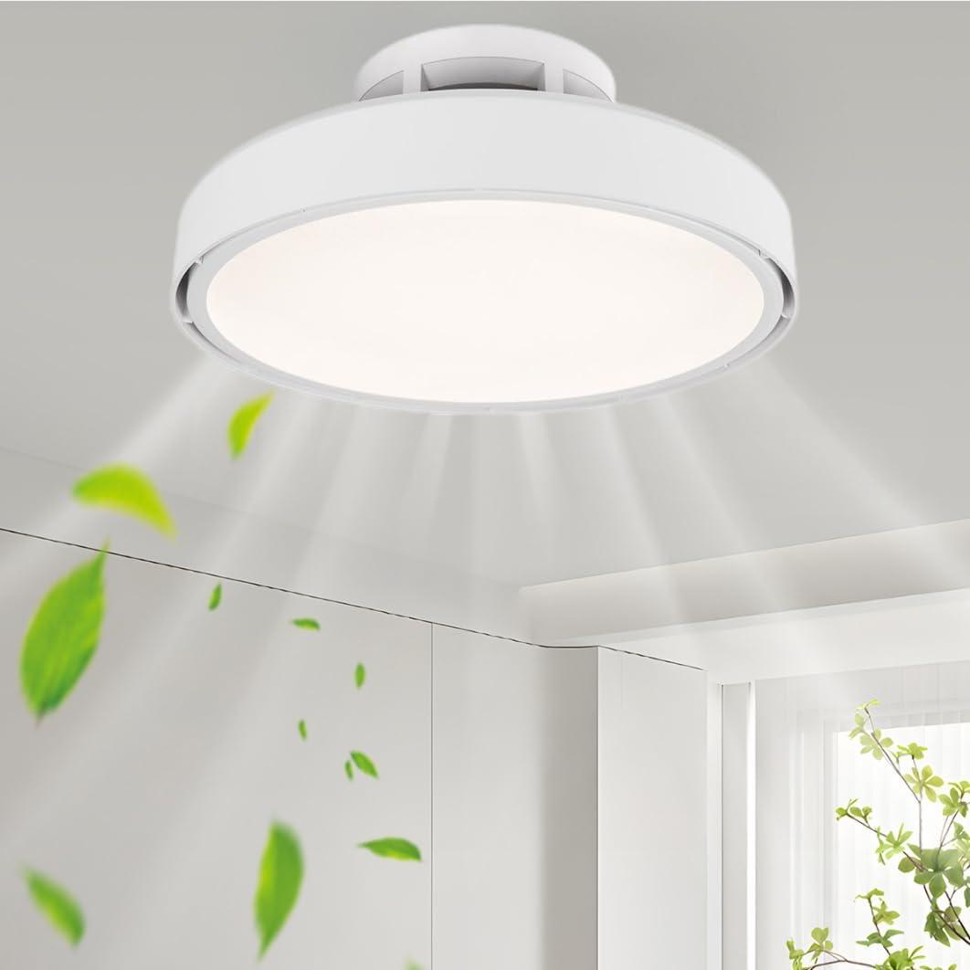 Bladeless Ceiling Fan with Light and Remote, Flush Mount Low Profile Ceiling Fan, Modern Enclosed Fandelier with Dimmable LED Light, Quiet Ceiling Fan for Bedroom Living Room Kitchen, Modern White