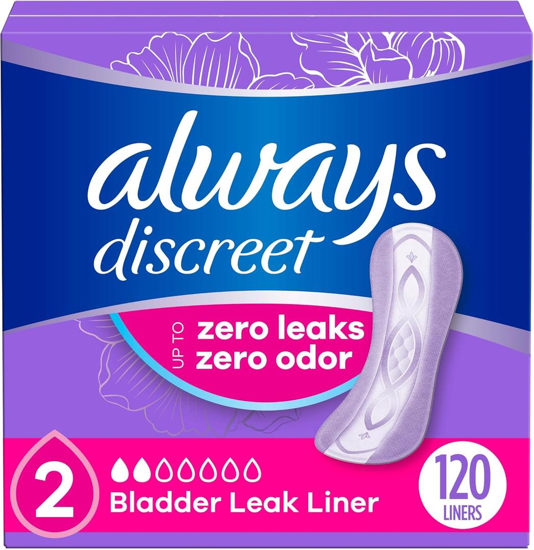 Always Discreet Adult Incontinence & Postpartum Liners for Women, Size 2, Very Light Absorbency, Regular Length,  (120 Count (Pack of 1))
