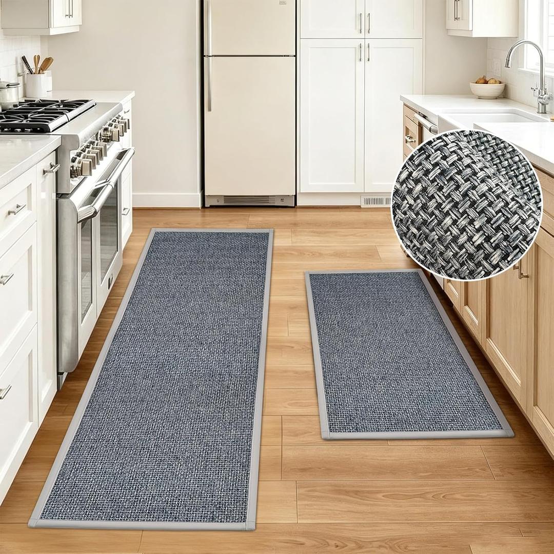 Kitchen Rugs Sets of 2,Non Slip Kitchen Mats for Floor,Thick Braided Vintage Kitchen Floor Mat Runner Carpet for Hallways Entryway Laundry Room Washable（Grey 17"x30"+17"x47"）