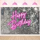 InMemory Silver Sequins Pink Neon Birthday Backdrop Glitter Stars Halos Women Birthday Reception Portrait Photography Background Photoshoot Props Cake Table Banner 7x5ft
