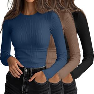 Ficerd 3 Pack Women's Ribbed Long Sleeve Tops, Crew Neck Slim Fit Undershirts Knit Basic Casual Stretch Layering Tee Shirts (Black, Khaki, Plain Blue) SMALL