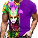 Mardi Shirt for Men Glitter Mask Graphic Festival T Shirt Tuesday Carnival New Orleans Party Tee Tops (Purple, XXL)