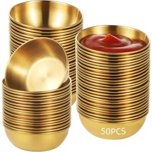 50 PCS Round Golden Sauce Bowls, 3.2 x 1.2 Inches Stainless Steel Dipping Sauce Cups, Reusable Metal Ramekins, Bowls for Ketchup, Marinara, BBQ Sauce, Appetizers, Facial Bowl for Esthetician Use