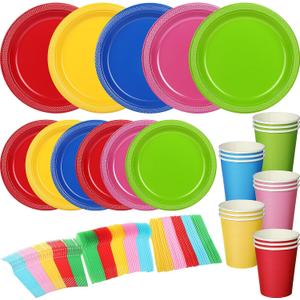 Yaomiao 300 Pcs Multi Color Disposable Dinnerware Set Include 100 Pcs 7 Inch and 9 Inch Disposable Plastic Plate, 50 Forks, 50 Knives, 50 Spoons, 50 Pieces 9 oz Cup, Dinner Neon Party Plates