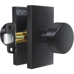 Matte Black Zinc Alloy Privacy Door Knob with Lock, Heavy-Duty Round Handle with Rectangle Frame, Bedroom Bathroom Interior Quick Installation Lock Set, 1 Pack