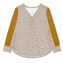 Women’s Brown and White Patterned Long Sleeve Blouse with Mustard Lace Sleeves, V-Neck Casual Tunic Top, Size XL