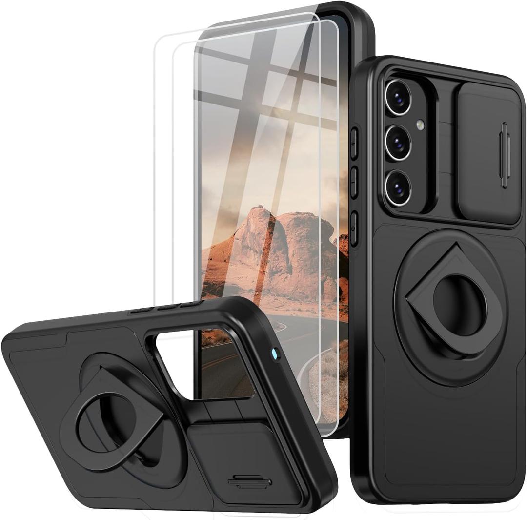 for Samsung Galaxy A35 5G Phone Case [Slide Camera Cover] with 2X Tempered Glass Screen Protector, [15 FT Military-Grade Drop Protection] Shockproof Kickstand Case for Samsung Galaxy A35 5G (C Black)