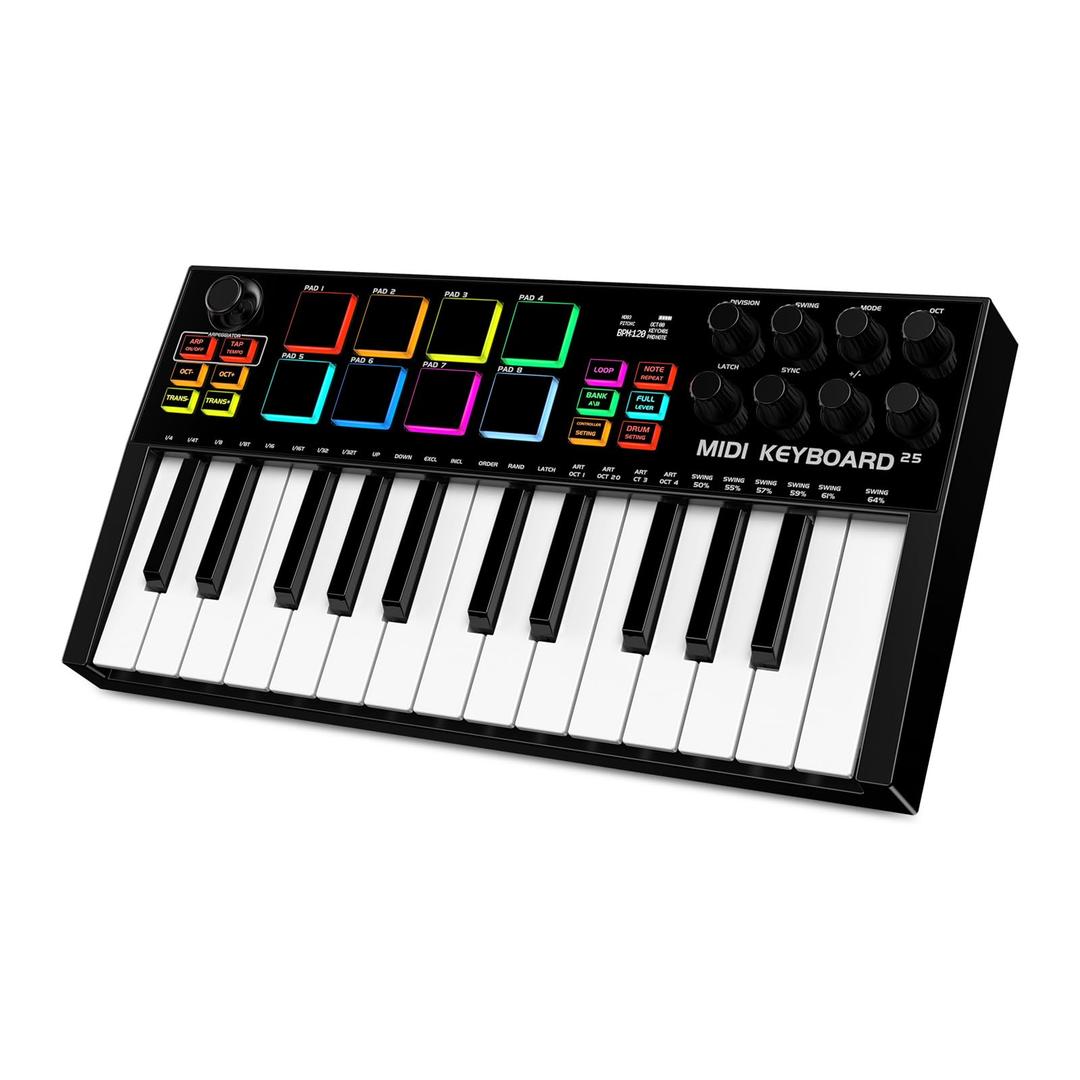 TERENCE MIDI Controller Keyboard Professional 25 Keys MIDI keyboard Piano 500mAh Battery 8 RGB Pads 360° Endless Knob 8 Assignable Knobs OLED Display for Multiple DAWs and Devices
