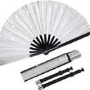 Fumwase Glitter Large Rave Fan Rave Hand Fan for Men Women Rave Accessories for Women with Leg Strap and Fabric Case Bag for Music Festival Weddings Performance Decoration (Silver)