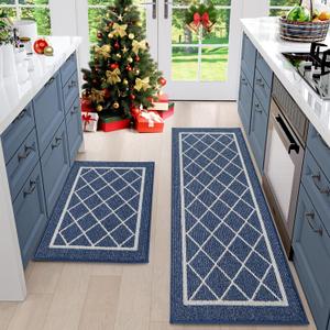 BEQHAUSE-Kitchen-Rugs-Washable-Kitchen-Mats-for-Floor Non-Slip Kitchen Mats Set of 2 Absorbent Kitchen Runner Navy Blue with TPR Backing 20x30inch/20x48inch