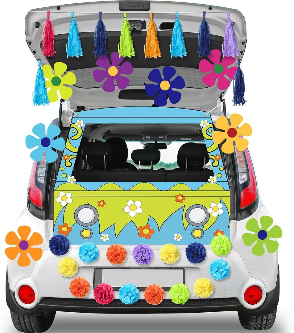 Breling 23 Pcs Halloween Trunk or Treat Car Decorations Kit Hippie Flower Cutouts Colorful Paper Tassels Flowers Banner Cartoon Dog Bus Photo Props for Halloween SUV Car Archway Garage Door Decoration